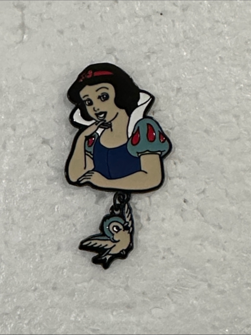 Disney Enamel Snow White Pin in Blue, Teal & Red with Bird Charm